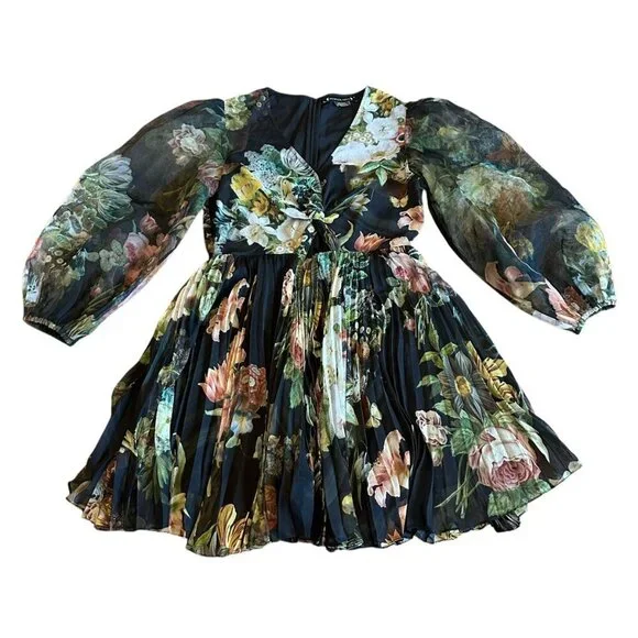 Pankaj & Nidhi Anthro Chiffon Floral Print Dress Long Sleeve Pleated Size Medium - Picture 3 of 16